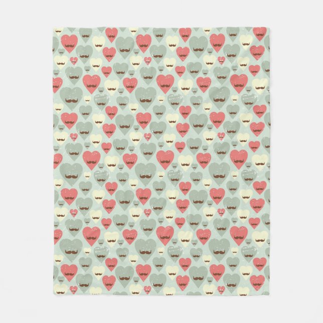 Valentine pattern with heart and mustache fleece blanket (Front)
