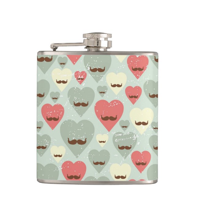 Valentine pattern with heart and mustache hip flask (Front)