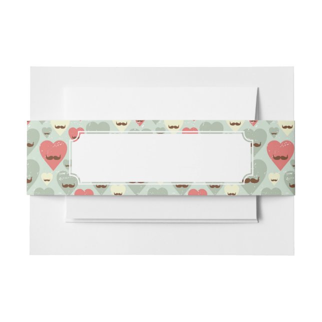 Valentine pattern with heart and mustache invitation belly band (Front Example)