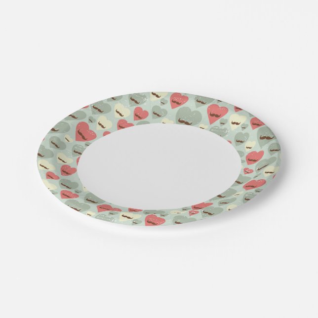 Valentine pattern with heart and mustache paper plates (Angled)