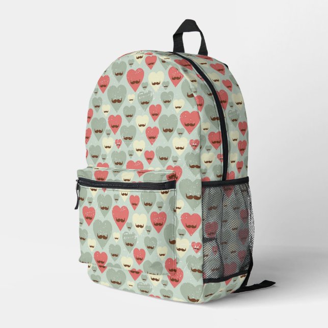 Valentine pattern with heart and mustache printed backpack (Back Corner Right)