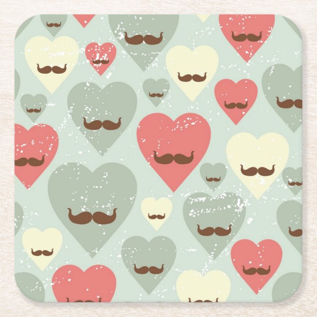 Valentine pattern with heart and mustache square paper coaster (Front)