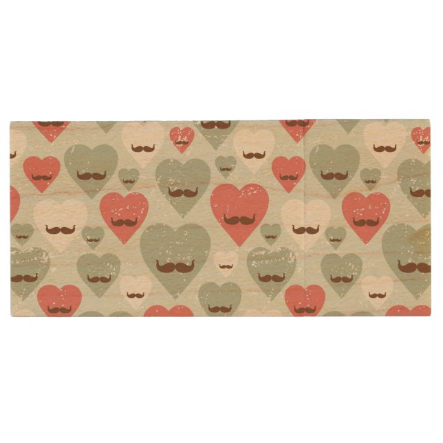 Valentine pattern with heart and mustache wood USB flash drive (Front)