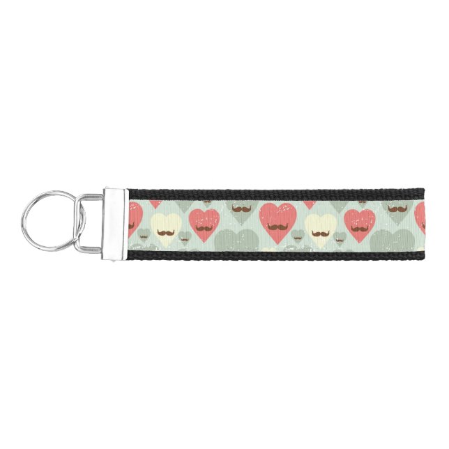 Valentine pattern with heart and mustache wrist keychain (Keys on Left)
