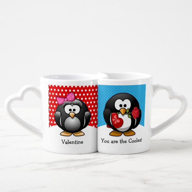 Valentine Penguins with Chocolate and Roses Gift Coffee Mug Set (Front Nesting)