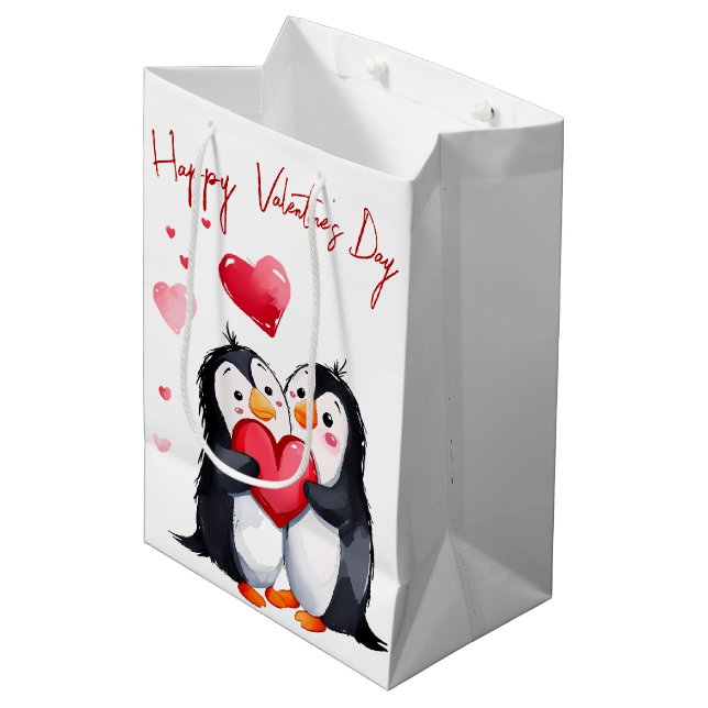 Valentine Penguins With Heart Medium Gift Bag (Front Angled)