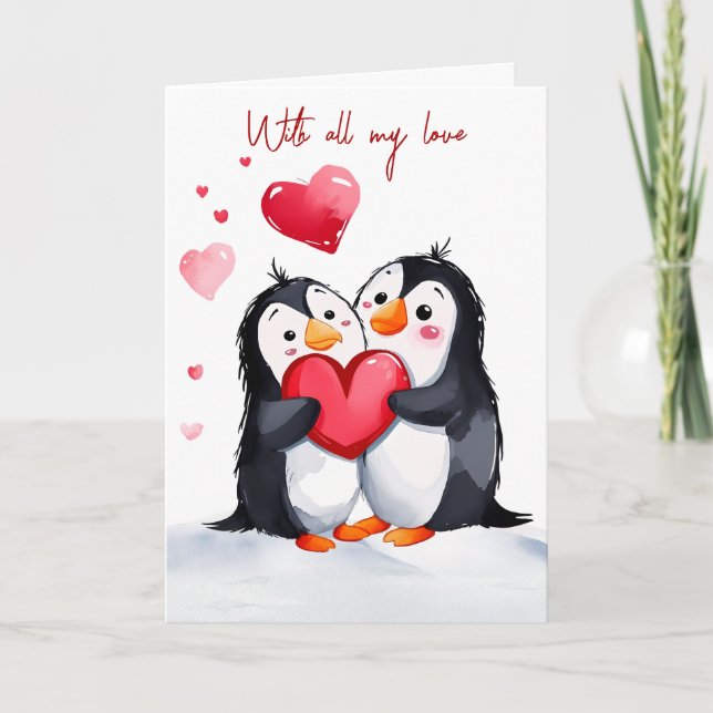 Valentine Penguins With Red Hearts Holiday Card (Front)