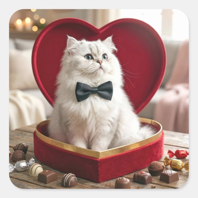 Valentine Persian Cat In Chocolate Candy Box Square Sticker (Front)