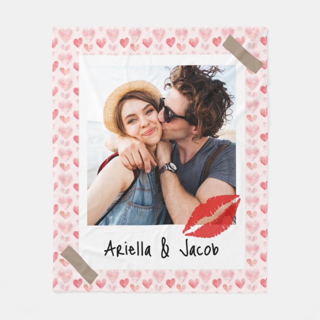 Valentine Photo Red Heart Custom Name Fleece Blanket (Front)