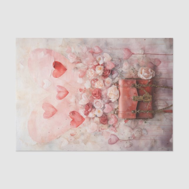 Valentine Pink and Red Hearts and Roses Tissue Paper (Front)