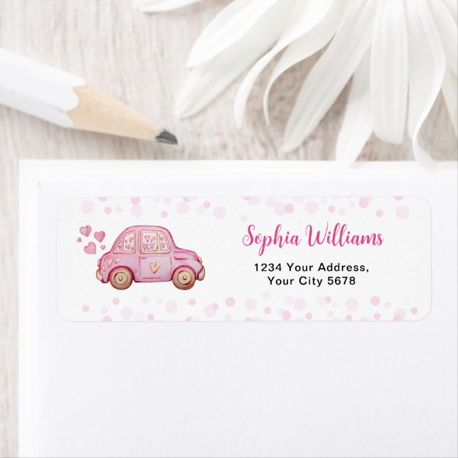 Valentine Pink Car Baby Shower Label (Insitu)