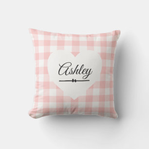 Valentine Pink Gingham White Heart Monogram Name Throw Pillow