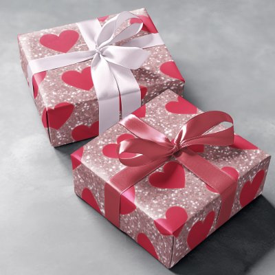 Valentine Pink Glitter &amp; Hearts Wrapping Paper 