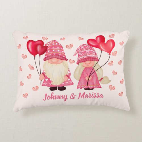 Valentine Pink Gnome Red Hearts Couple Names Accent Pillow