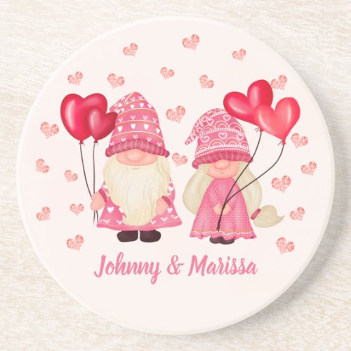 Valentine Pink Gnome Red Hearts Couple Names Coaster