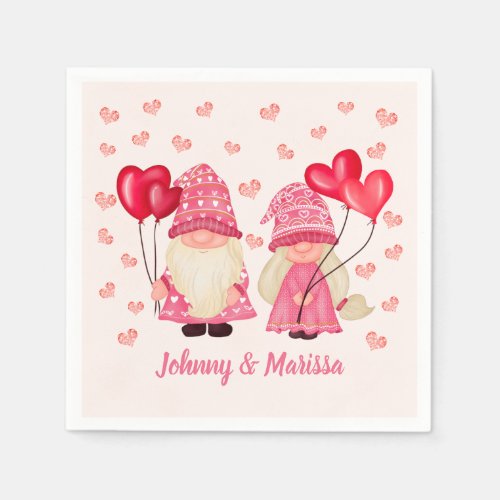 Valentine Pink Gnome Red Hearts Couple Names Napkins