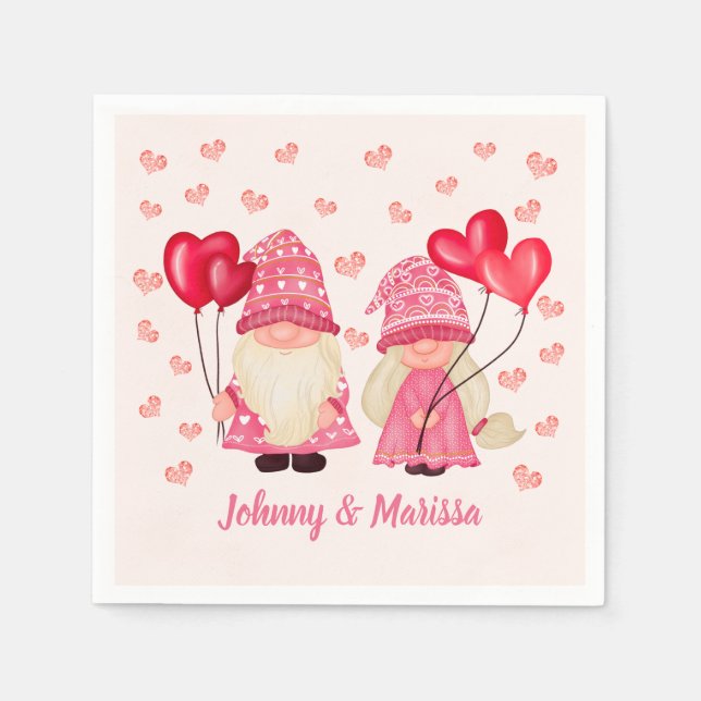 Valentine Pink Gnome Red Hearts Couple Names Napkins (Front)