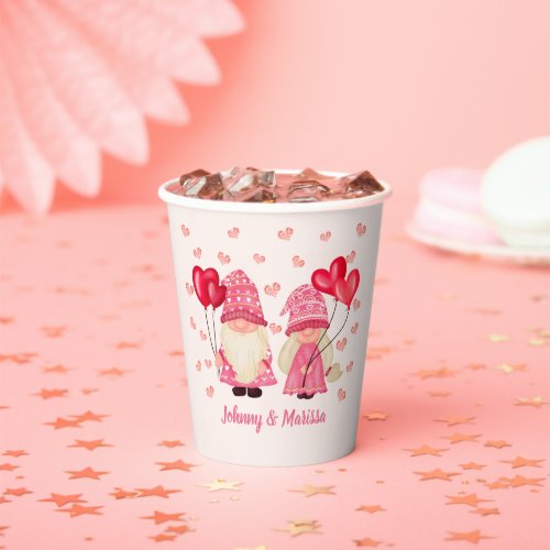 Valentine Pink Gnome Red Hearts Couple Names Paper Cups