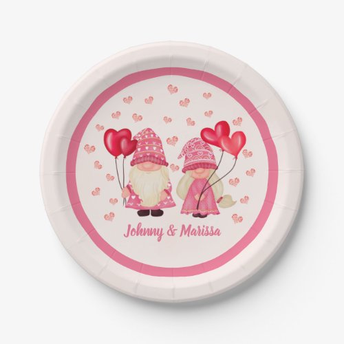 Valentine Pink Gnome Red Hearts Couple Names Paper Plates