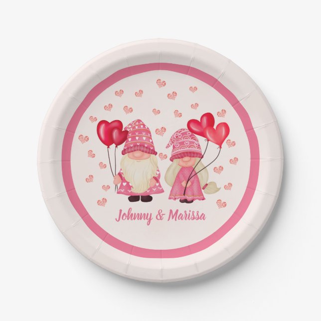 Valentine Pink Gnome Red Hearts Couple Names Paper Plates (Front)
