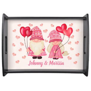 Valentine Pink Gnome Red Hearts Couple Names Serving Tray