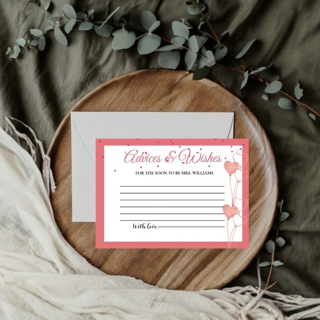 Valentine Pink Heart Advices & WIshe Bridal Shower Enclosure Card (Creator Uploaded)