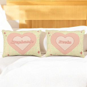 Valentine Pink Heart Cream Checkered Couple Gift Accent Pillow
