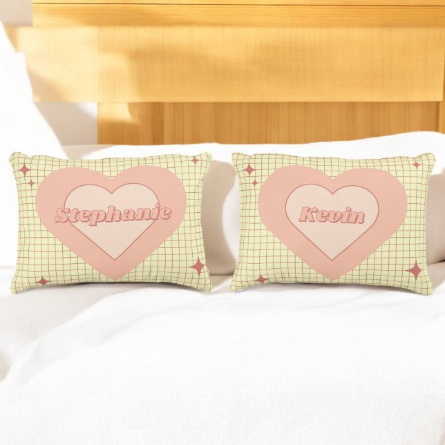 Valentine Pink Heart Cream Checkered Couple Gift Accent Pillow (Creator Uploaded)