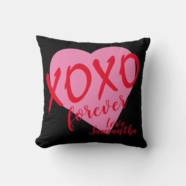 Valentine Pink Heart Red Hugs Kisses XOXO Forever  Throw Pillow (Front)