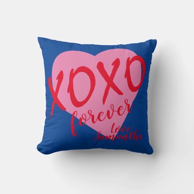 Valentine Pink Heart Red Hugs Kisses XOXO Forever  Throw Pillow (Front)