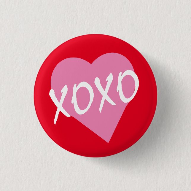 Valentine Pink Heart XOXO Kisses Hugs Red Button (Front)