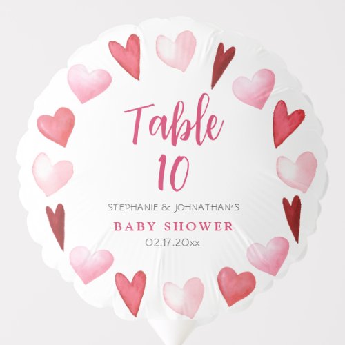 Valentine Pink Hearts Baby Shower Table Number Balloon