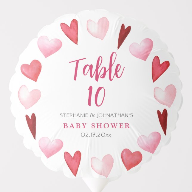 Valentine Pink Hearts Baby Shower Table Number Balloon (Front)