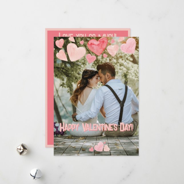 Valentine Pink Hearts Overlay Add Your Own Photo Holiday Card (Front/Back In Situ)