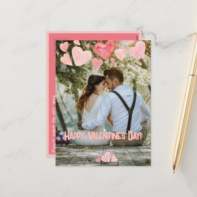 Valentine Pink Hearts Overlay Add Your Own Photo Holiday Postcard (Front/Back In Situ)