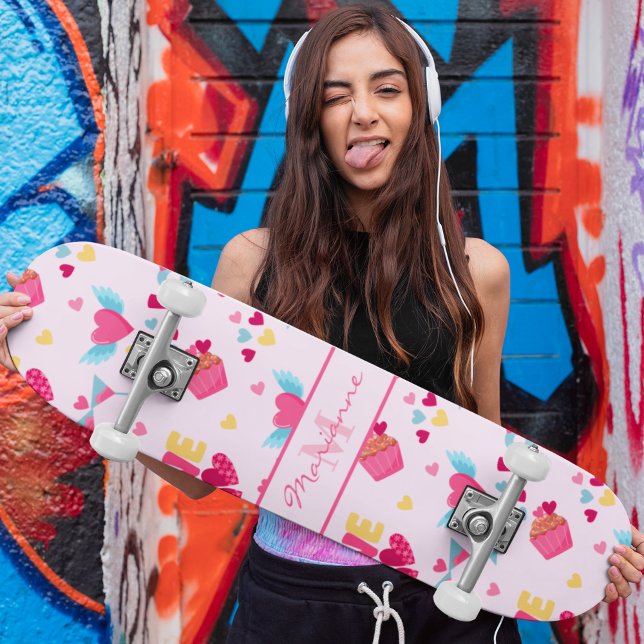 Valentine Pink Love Letters Pattern Elegant Name Skateboard (Creator Uploaded)