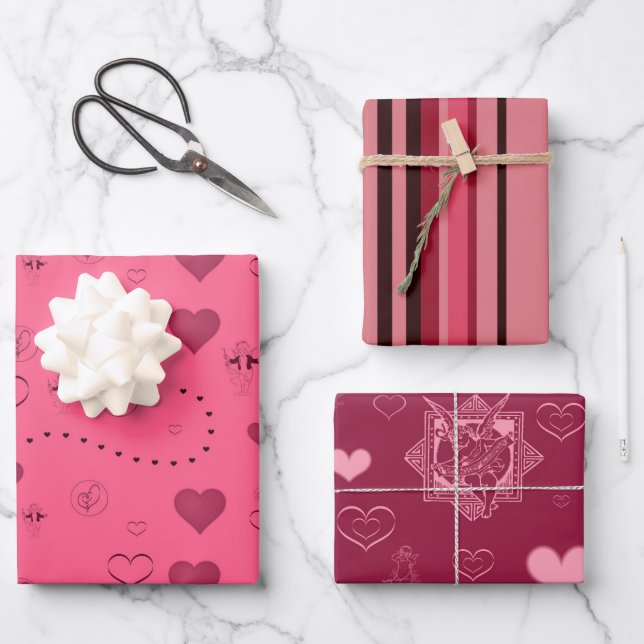 Valentine Pink Red Hearts Cupid Cute Wrapping Paper Sheets (Front)