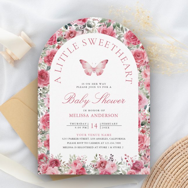 Valentine Pink Red Rose Butterfly Girl Baby Shower Invitation (Creator Uploaded)