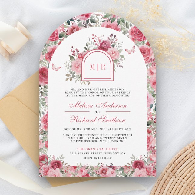 Valentine Pink Red Roses Butterfly Arch Wedding Invitation (Creator Uploaded)