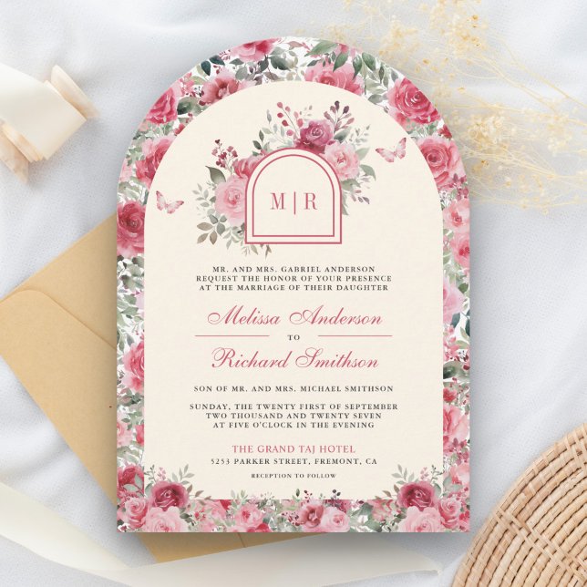 Valentine Pink Red Roses Butterfly Cream Wedding Invitation (Creator Uploaded)
