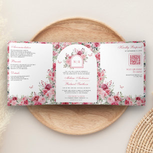 Valentine Pink Red Roses Butterfly Wedding Tri-Fold Invitation