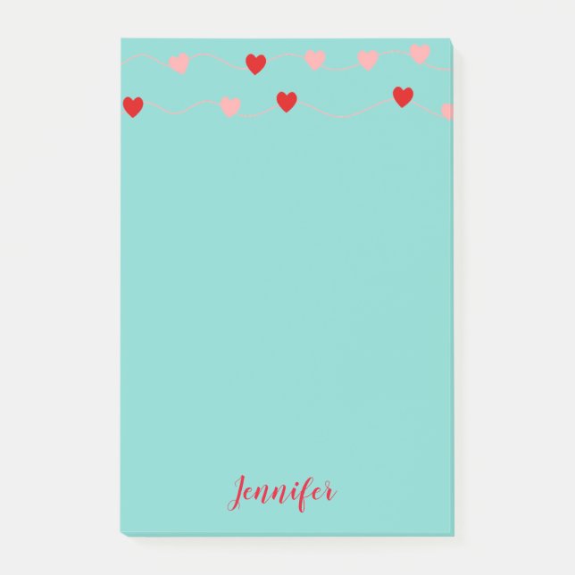 Valentine Pink Red Teal String Hearts Personalized Post-it Notes