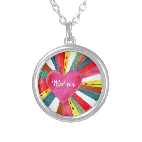 Valentine pink sun sunshine rainbow retro heart  silver plated necklace