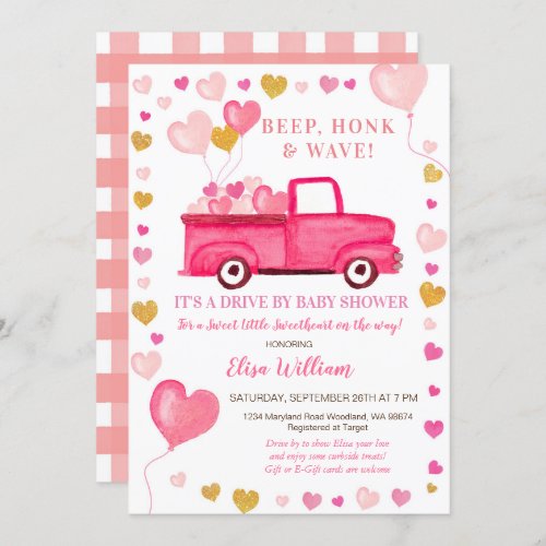 Valentine Pink Truck Drive By Baby Shower Invitation