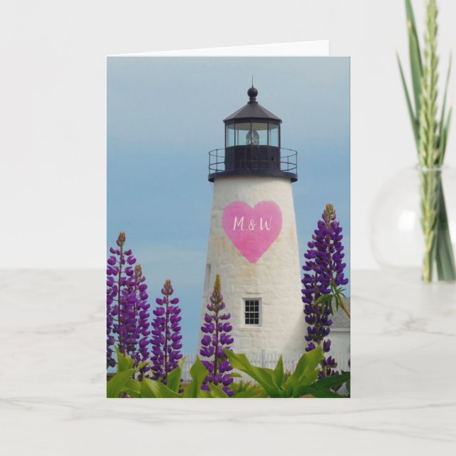 Valentine Pink Watercolor Heart Initial Lighthouse Holiday Card (Front)