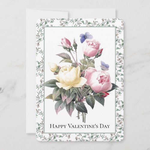 Valentine Pink Yellow Roses Blue Butterfly Floral  Holiday Card