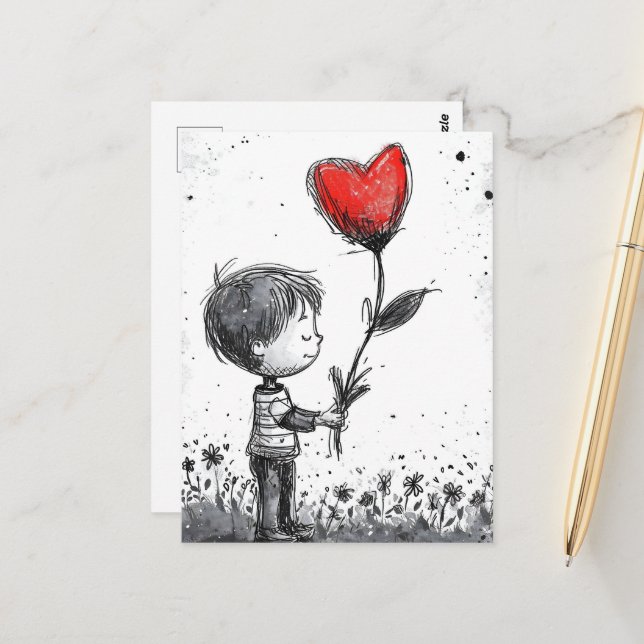 Valentine Postcard - Romantic Boy Heart balloon (Front/Back In Situ)