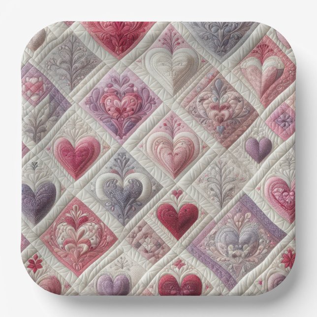 Valentine Quilted Heart Design Paper Plates (Front)