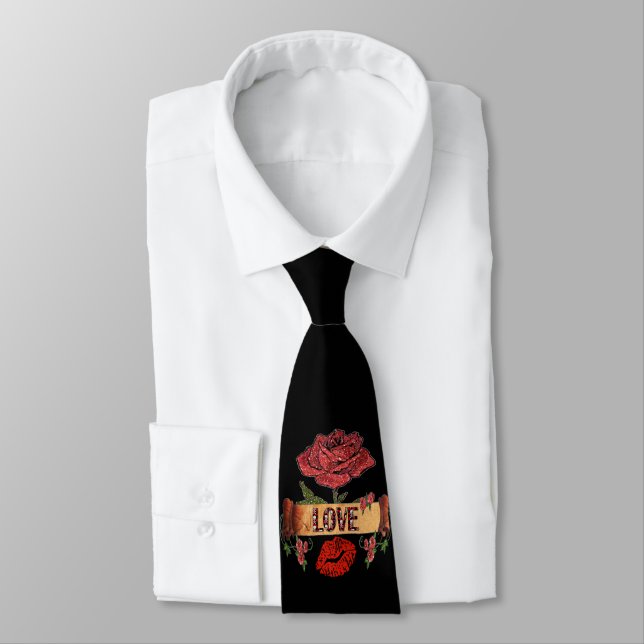Valentine RAB Rockabilly Roses, Love & Lipstick Neck Tie (Tied)