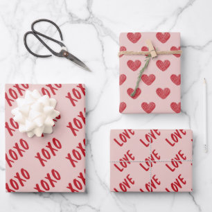 Valentine Red and Pink XOXO Love Pattern Wrapping Paper Sheets